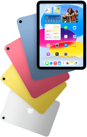 Vooraanzicht van een iPad met beginscherm, met daarachter vier iPads in het blauw, roze, geel en zilver