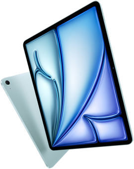 Schuin vooraanzicht van 13-inch iPad Air met kleurrijk display, achteraanzicht van 11-inch iPad Air met achterkant en camera