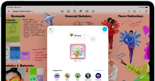 iPad Air, voorkant, horizontale stand, volumeknoppen, aan/uit-knop, scherm met een kleurrijke app-interface met verschillende symbolen