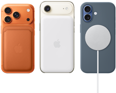 iPhone 17 Pro, achterkant, kleur Kosmisch Oranje, met siliconenhoesje in de kleur Siennabruin en FineWoven kaarthouder met MagSafe in de kleur Oranjerood; iPhone Air, achterkant, kleur Wolkenwit, met Magsafe-batterij; iPhone 17, achterkant, kleur Nevelblauw, met siliconenhoesje in de kleur Ankerblauw en MagSafe-oplader