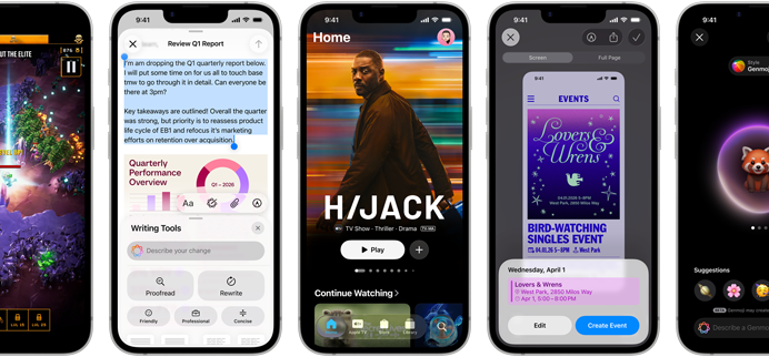 iPhone 17e-devices naast elkaar met verschillende schermen: een game die wordt gespeeld, Schrijfhulp, Apple TV-app, een agenda-activiteit wordt aangemaakt, een Genmoji wordt gemaakt