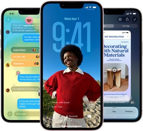 Drie iPhone 17e-devices met daarop de Berichten-app met Liquid Glass-design, een dynamisch Toegangsscherm en Visuele AI in gebruik