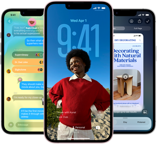 Drie iPhone 17e-devices met daarop de Berichten-app met Liquid Glass-design, een dynamisch Toegangsscherm en Visuele AI in gebruik