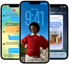 Drie iPhone 17e-devices met daarop de Berichten-app met Liquid Glass-design, een dynamisch Toegangsscherm en Visuele AI in gebruik