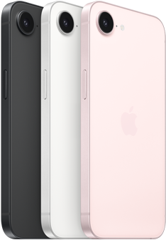 iPhone 17e, zijkant en achterkant, kleur zwart, zijkant en achterkant, kleur wit, zijkant en achterkant, kleur zachtroze, Fusion-camera aan de bovenkant, zijknop