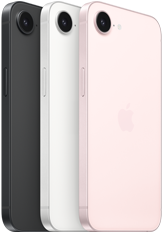 iPhone 17e, zijkant en achterkant, kleur zwart, zijkant en achterkant, kleur wit, zijkant en achterkant, kleur zachtroze, Fusion-camera aan de bovenkant, zijknop