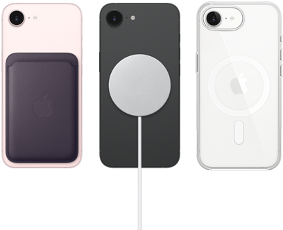 iPhone 17e in de kleur zachtroze met FineWoven-kaarthouder in de kleur middernachtpaars, iPhone 17e in de kleur zwart met MagSafe-oplader, iPhone 17e in de kleur wit met doorzichtig hoesje met MagSafe