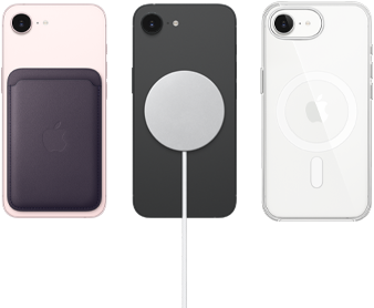 iPhone 17e in de kleur zachtroze met FineWoven-kaarthouder in de kleur middernachtpaars, iPhone 17e in de kleur zwart met MagSafe-oplader, iPhone 17e in de kleur wit met doorzichtig hoesje met MagSafe