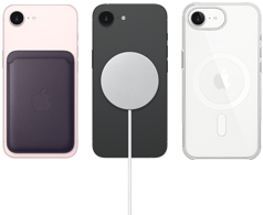 iPhone&nbsp;17e in de kleur zachtroze met FineWoven-kaarthouder in de kleur middernachtpaars, iPhone&nbsp;17e in de kleur zwart met MagSafe-oplader, iPhone&nbsp;17e in de kleur wit met doorzichtig hoesje met MagSafe