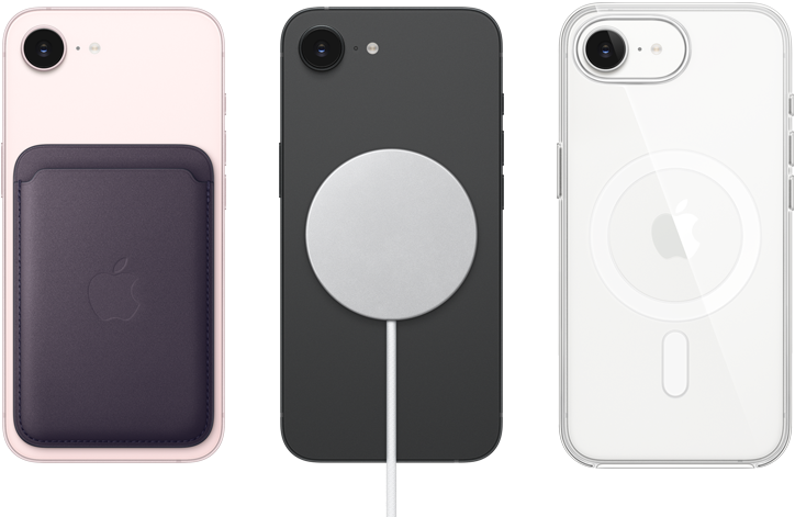 iPhone 17e, achterkant, kleur zachtroze, FineWoven-kaarthouder met MagSafe eraan vast, iPhone 17e, achterkant, kleur zwart, MagSafe-oplader eraan vast, iPhone 17e, achterkant, kleur wit, doorzichtig hoesje met MagSafe eraan vast