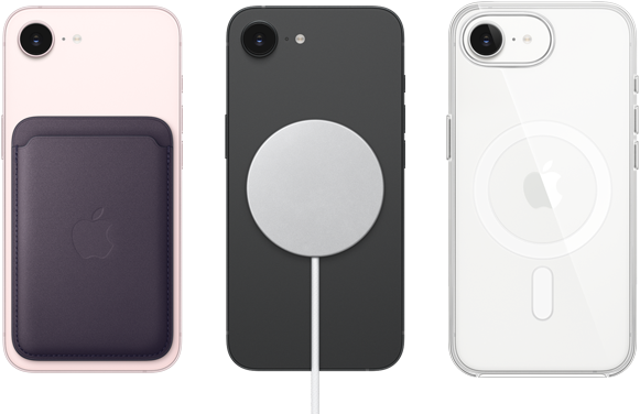 iPhone 17e, achterkant, kleur zachtroze, FineWoven-kaarthouder met MagSafe eraan vast, iPhone 17e, achterkant, kleur zwart, MagSafe-oplader eraan vast, iPhone 17e, achterkant, kleur wit, doorzichtig hoesje met MagSafe eraan vast<img class=