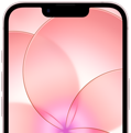 Gedeeltelijk vooraanzicht van iPhone 17e, met Ceramic Shield 2, kleur zachtroze, met op het scherm een achtergrond met een roze bloem