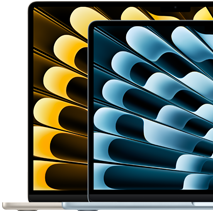 Twee MacBook Air-laptops bij elkaar, waardoor de relatieve afmetingen van de displays zichtbaar zijn: 34,46 cm en 38,91 cm, diagonaal gemeten